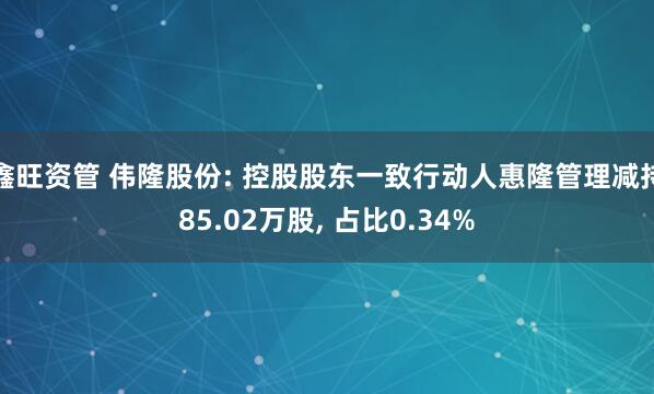 鑫旺资管 伟隆股份: 控股股东一致行动人惠隆管理减持85.02万股, 占比0.34%